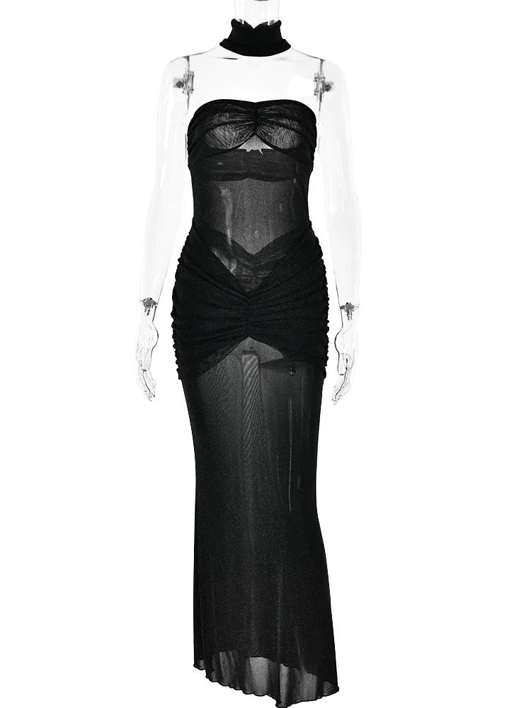 Strapless Mesh Backless Maxi Dress