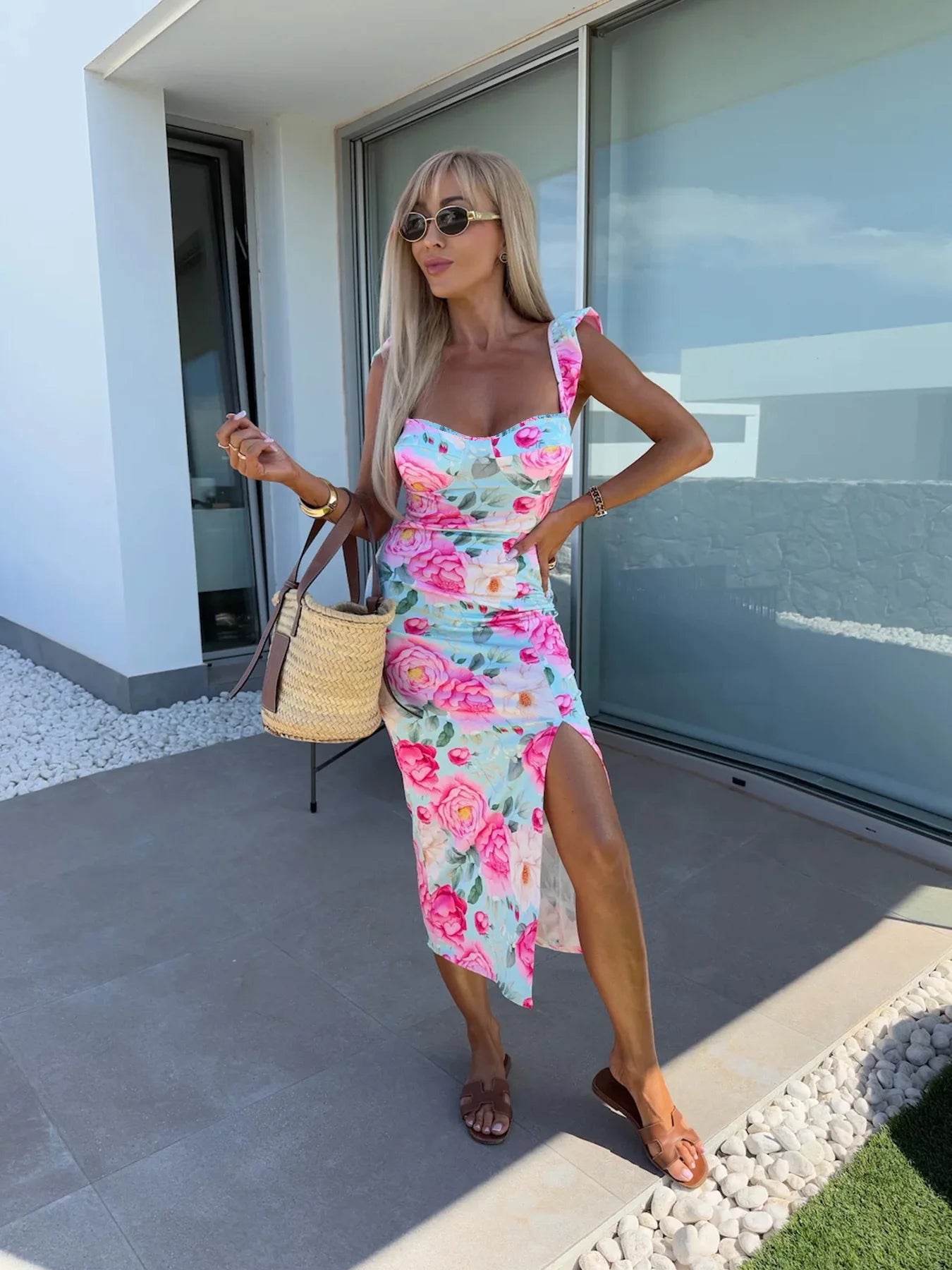 Summer split midi dress for women