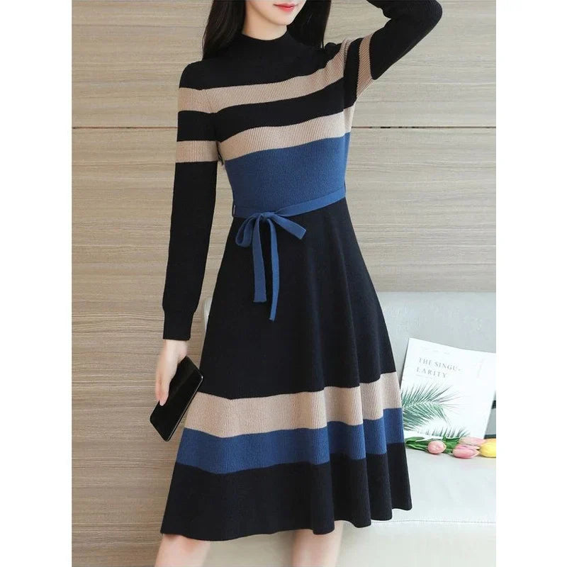 Autumn Winter Elegant Striped Sweater Dress