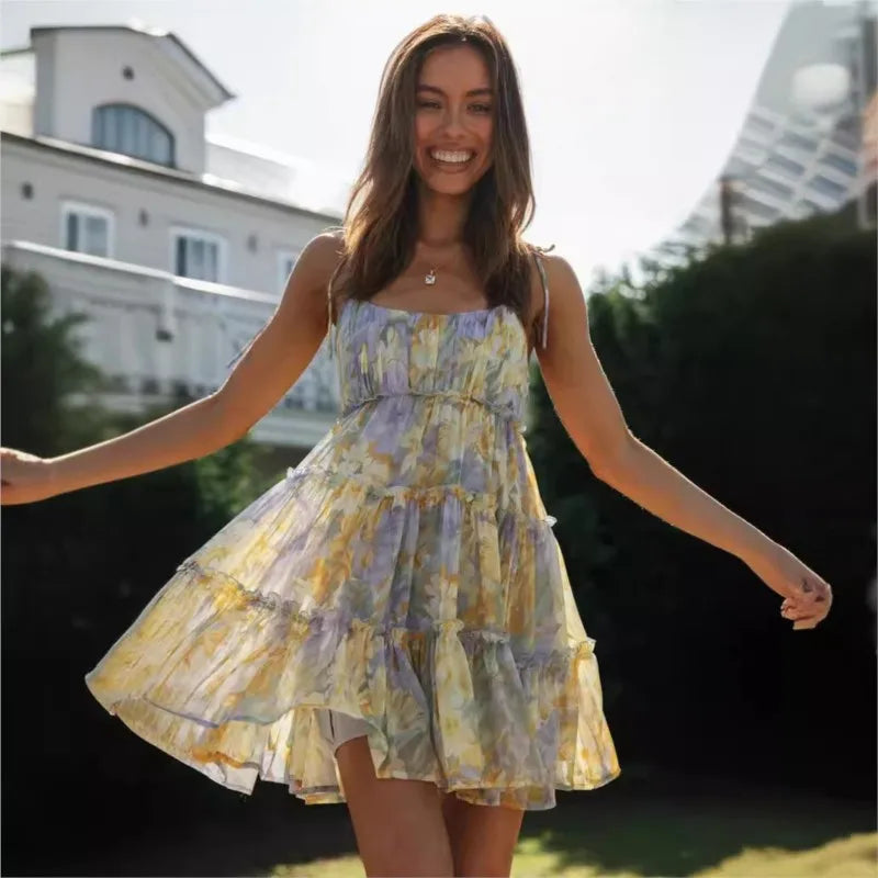 Vintage Floral Print Backless Mini Dress