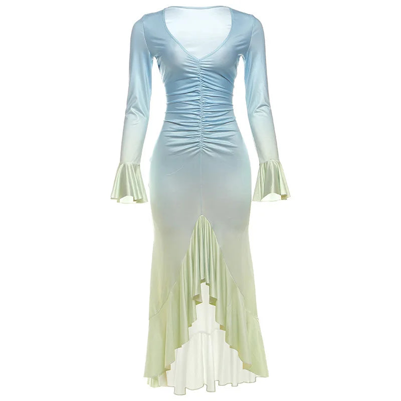 Elegant Gradient Ruffle Party Dress Women