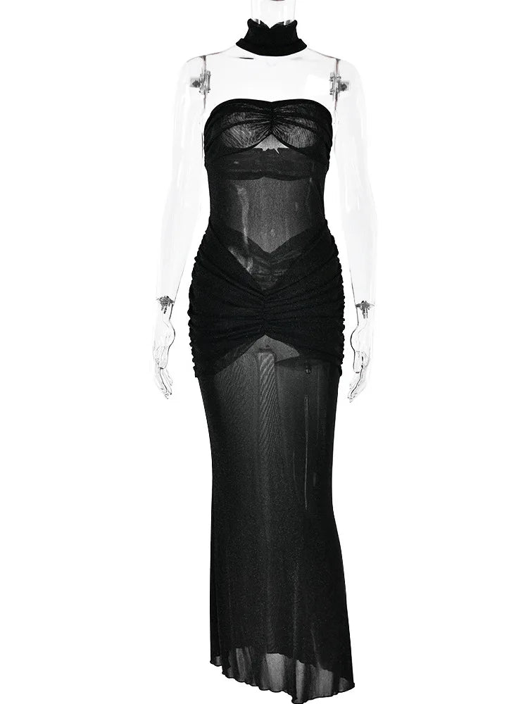 Strapless Mesh Backless Maxi Dress