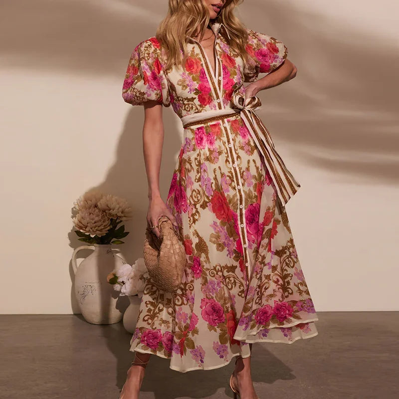 Bohemian Floral Lace-Up Summer Dress
