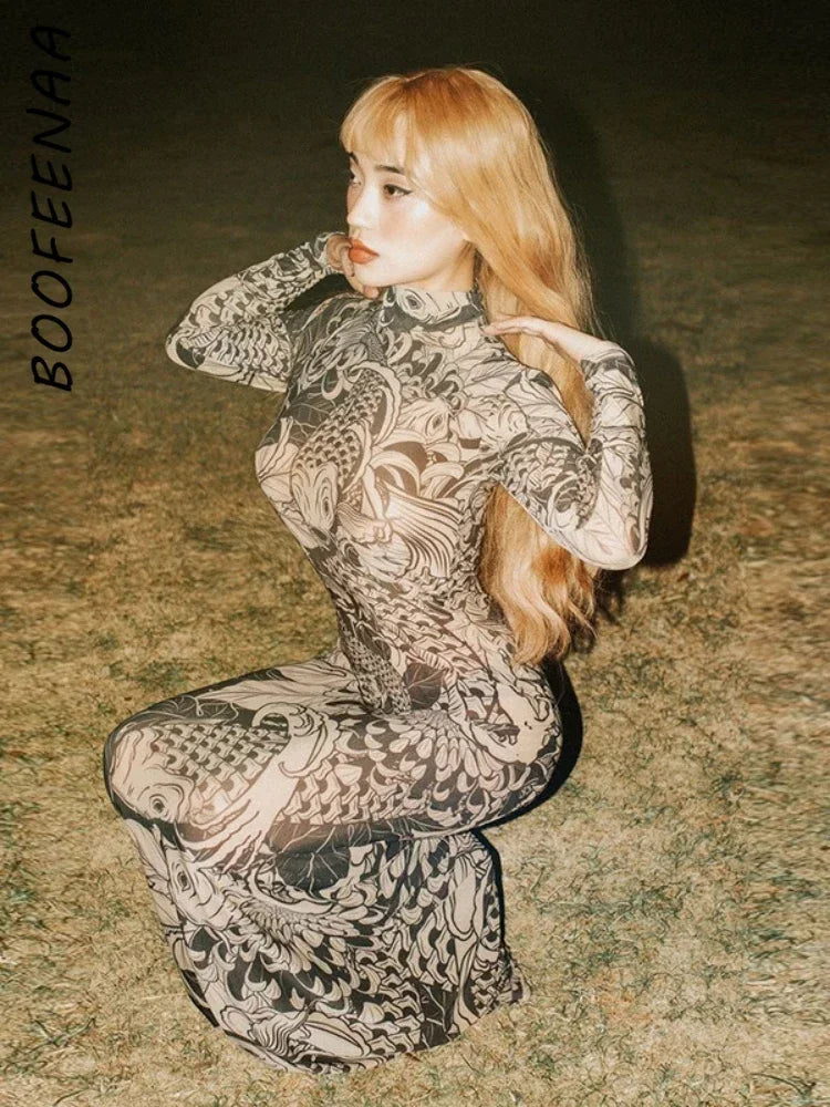 Printed Mesh Maxi Dress