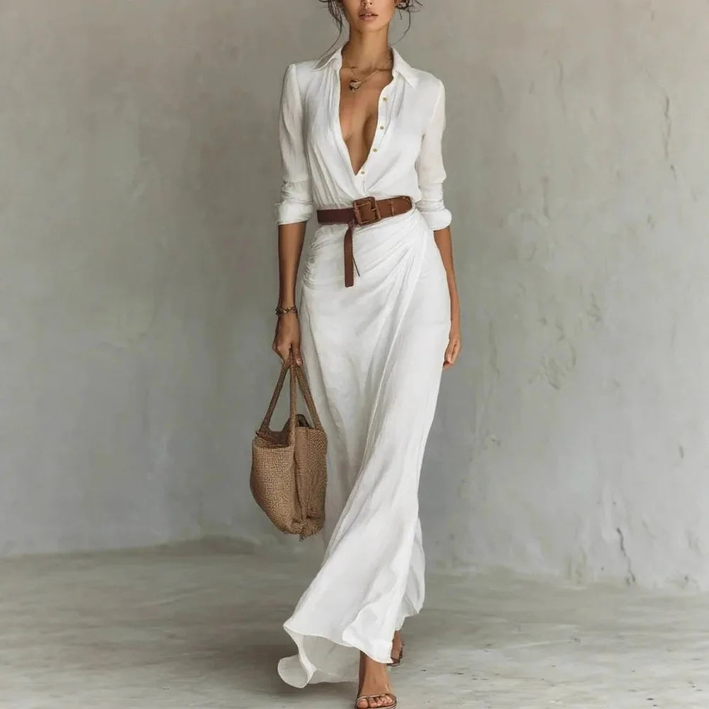 Deep V-Neck Belted Long Dress