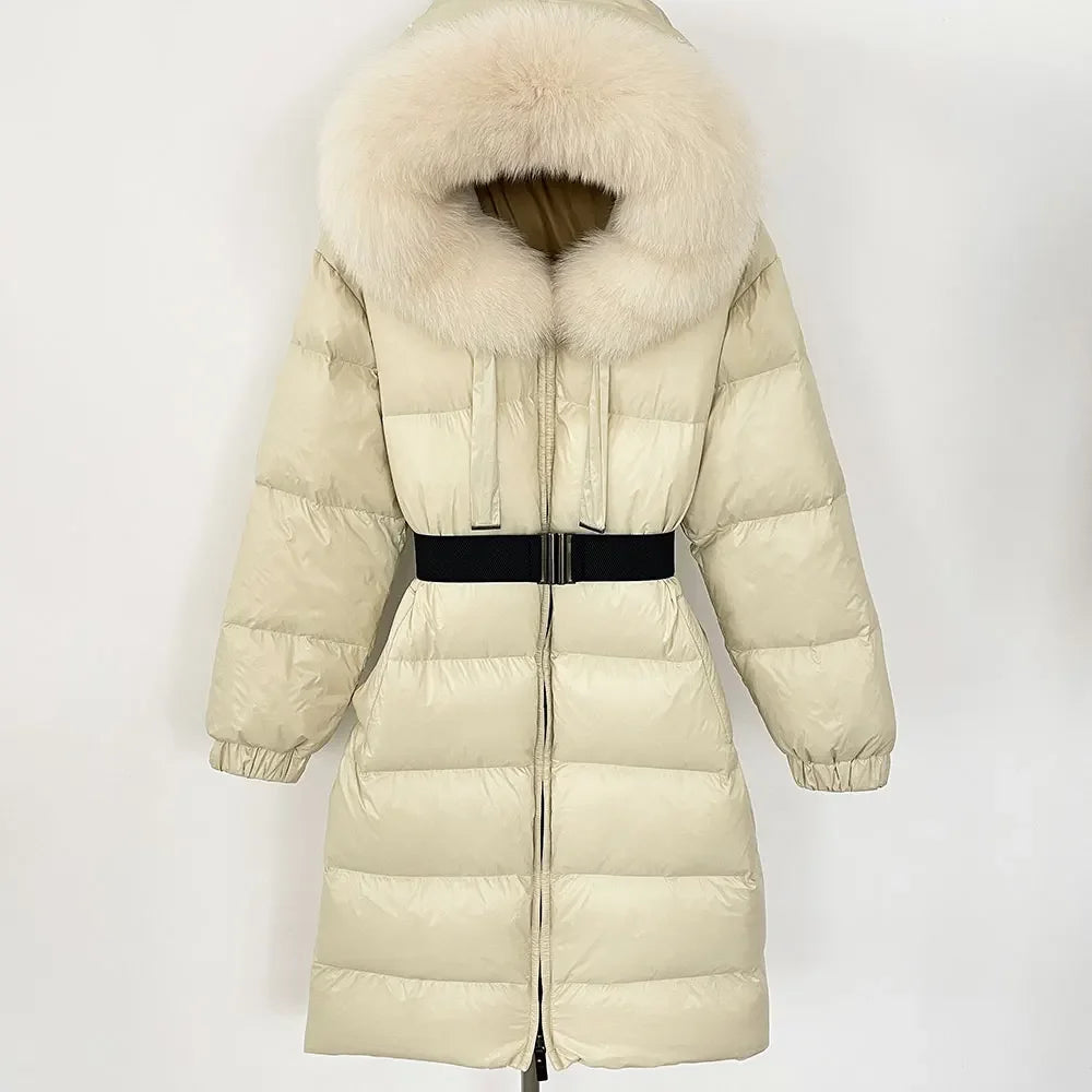 Women’s White Duck Down Puffer Coat with Real Fur Hood
