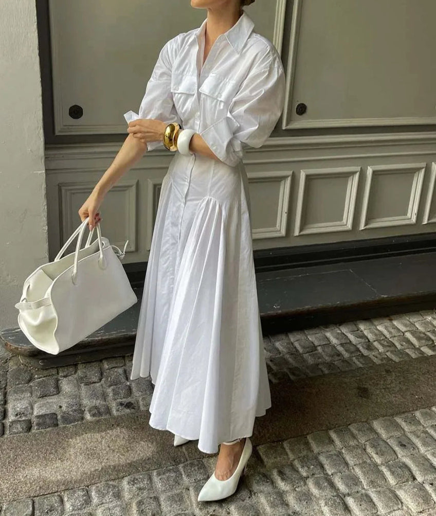 White Lapel Button Maxi Dress