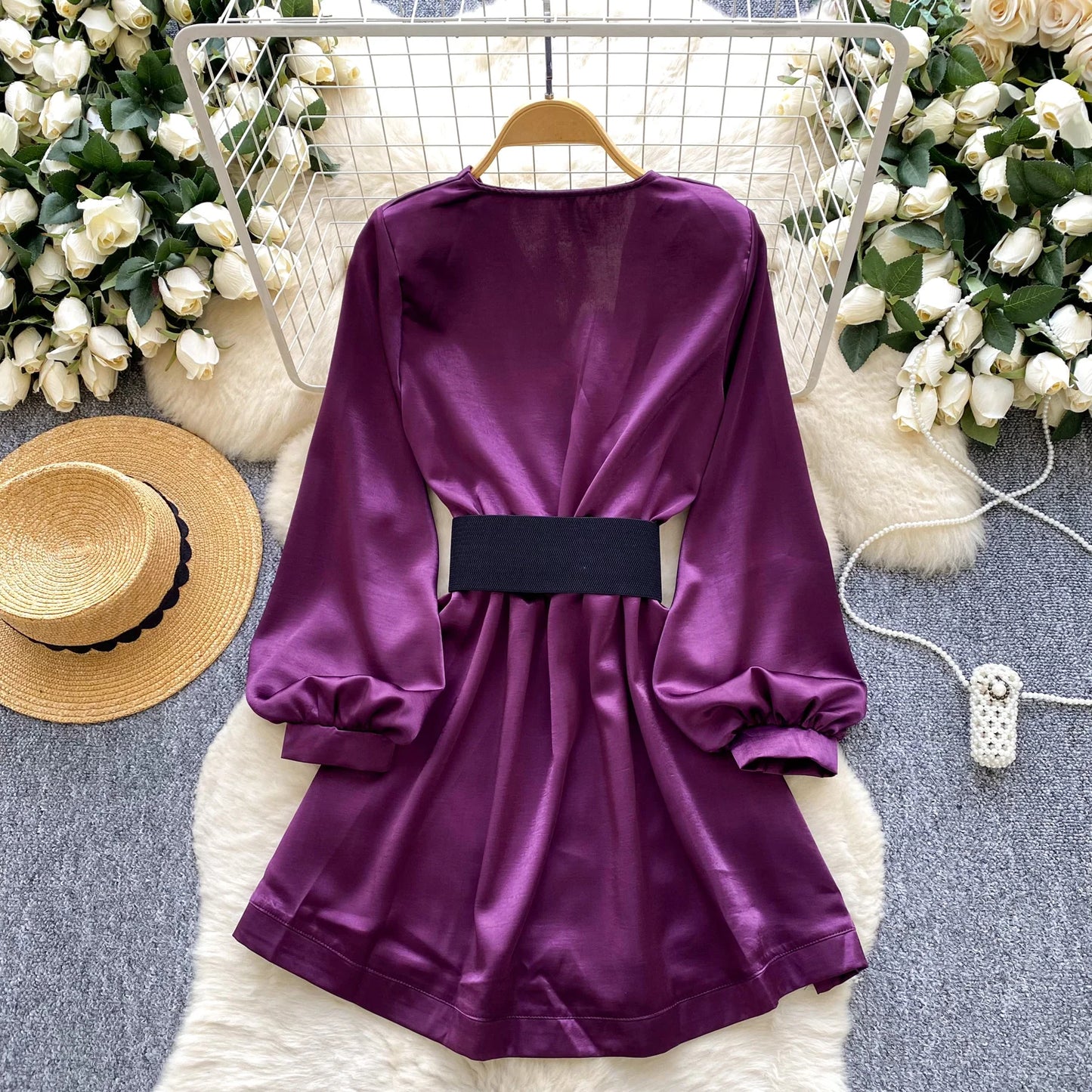 Satin V-Neck Ruched Mini Dress
