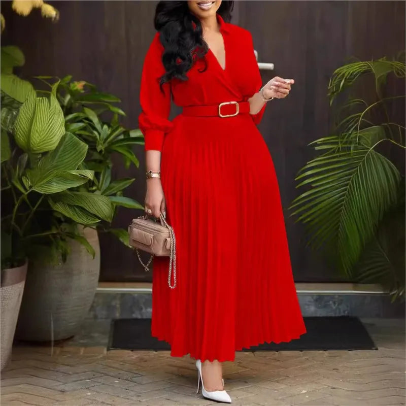 Pleated V-Neck Belted Midi Dress