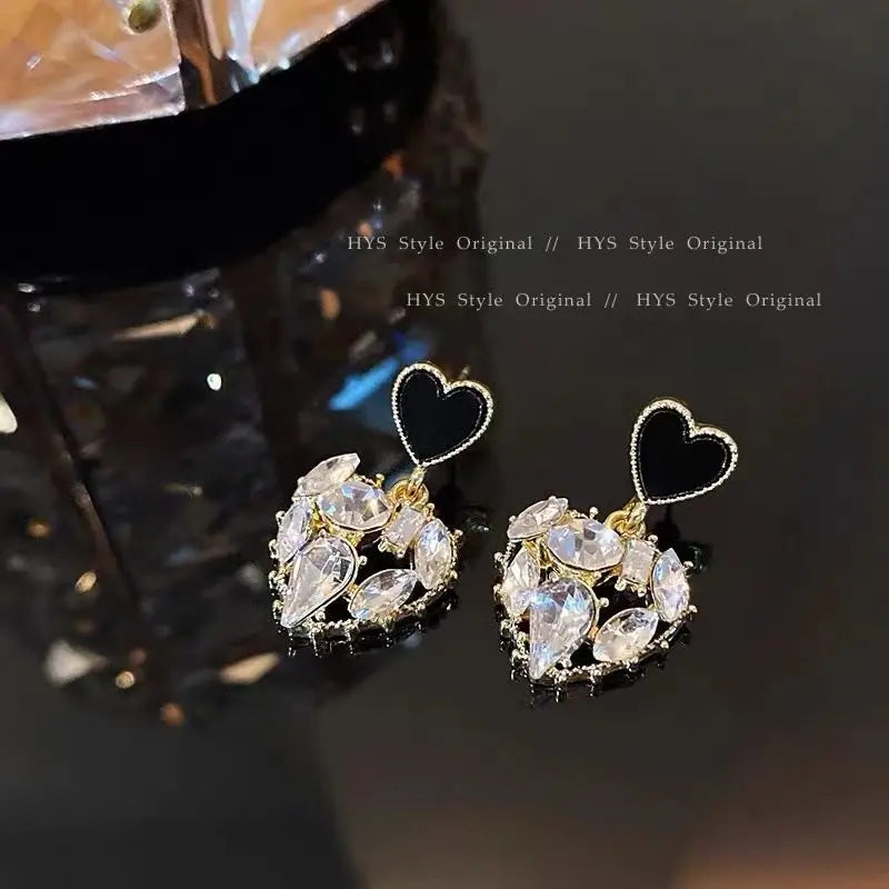 Black Crystal Heart Stud Earrings