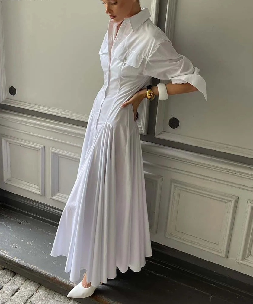 White Lapel Button Maxi Dress