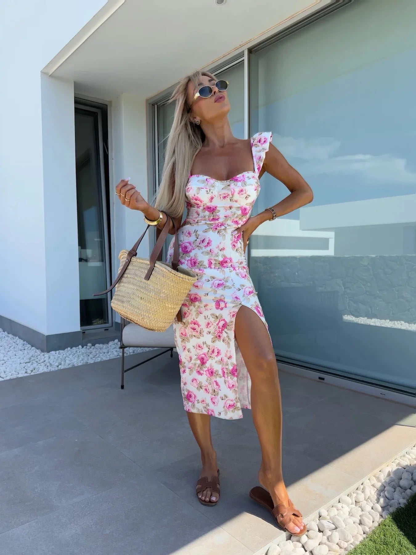 Summer split midi dress for women