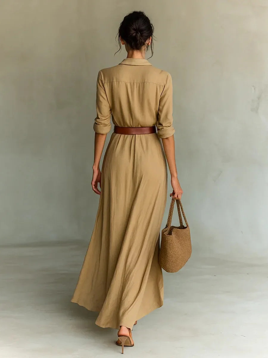 Deep V-Neck Belted Long Dress
