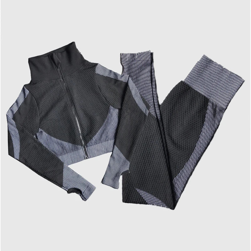 Polyester Patchwork Long Sleeve Two-Piece Yoga Set