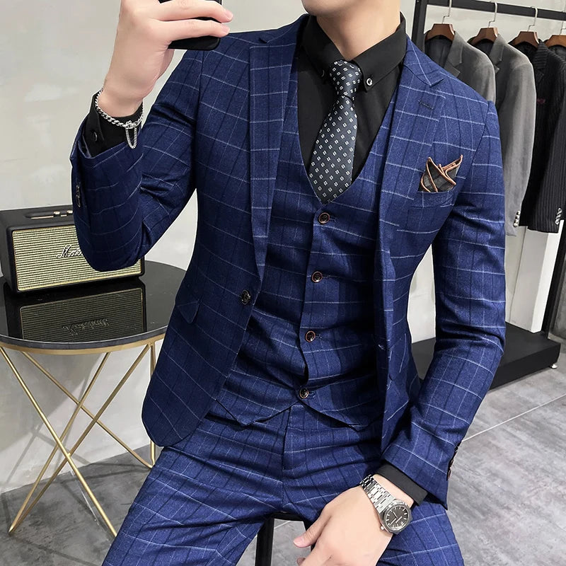 Luxury Plaid Three-Piece Groom Tuxedo