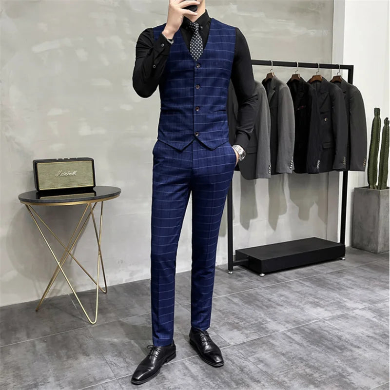 Luxury Plaid Three-Piece Groom Tuxedo