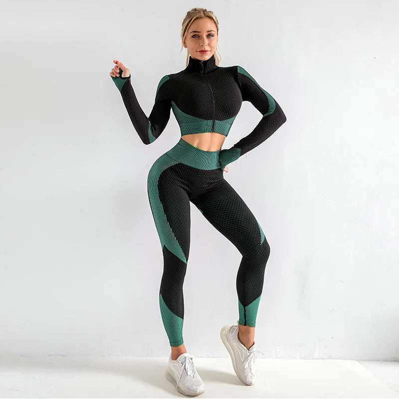 Polyester Patchwork Long Sleeve Two-Piece Yoga Set