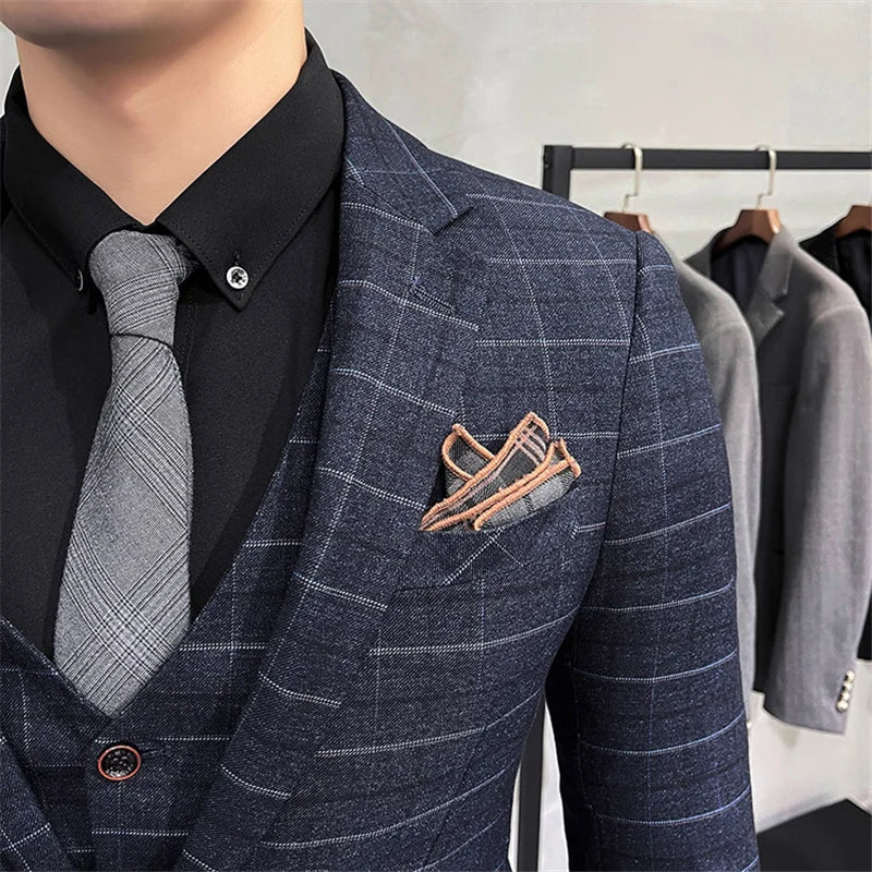 Luxury Plaid Three-Piece Groom Tuxedo