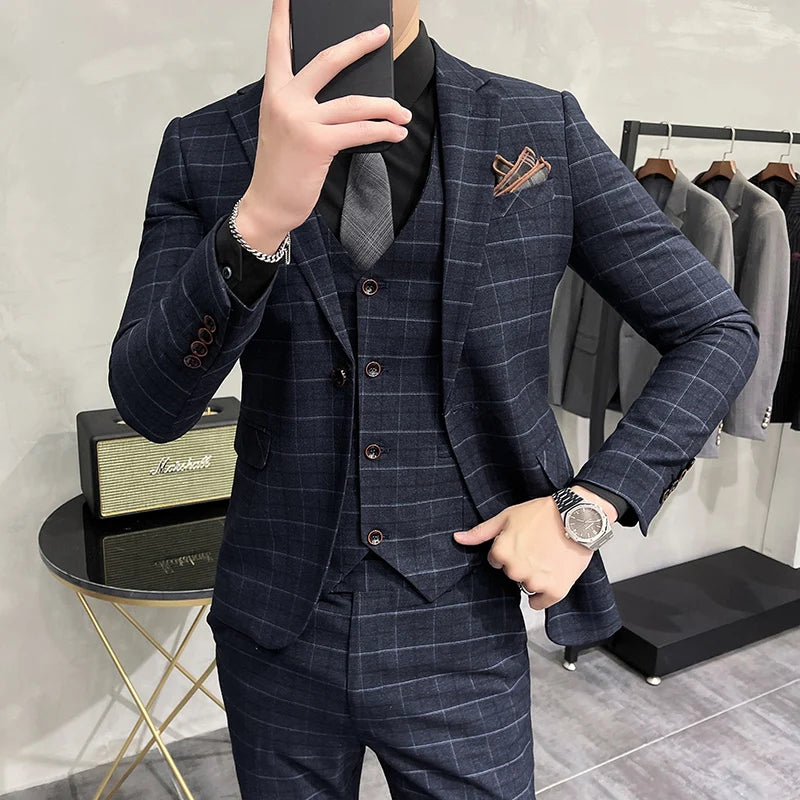 Luxury Plaid Three-Piece Groom Tuxedo