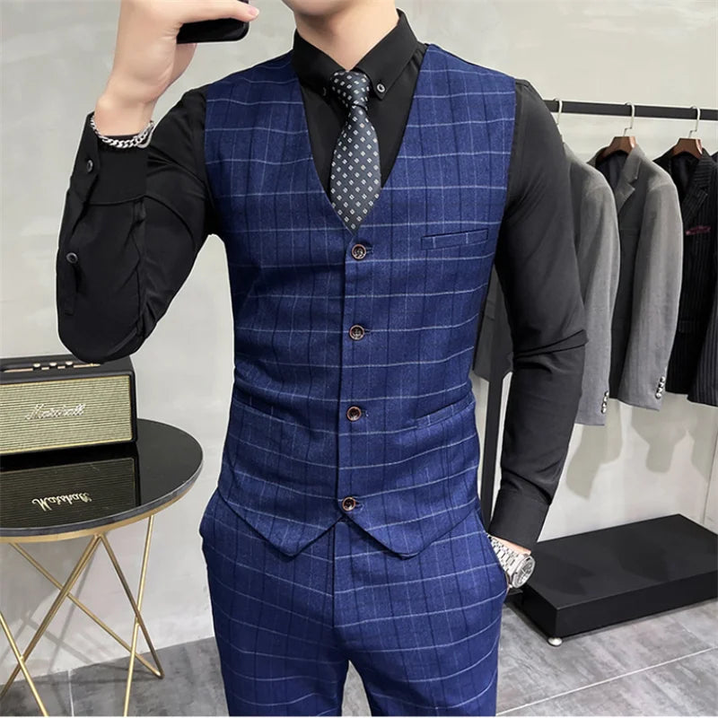 Luxury Plaid Three-Piece Groom Tuxedo