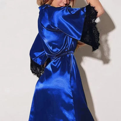 Women's Sexy Silky Satin Night Gown Robe with G-String