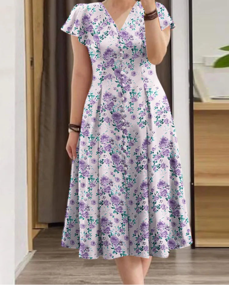 Floral V-Neck Bohemian Midi Dress