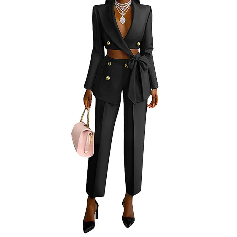 Elegant Lapel Bow Blazer Pant Set