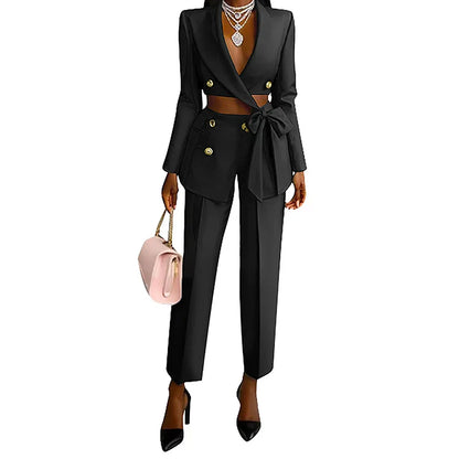 Elegant Lapel Bow Blazer Pant Set