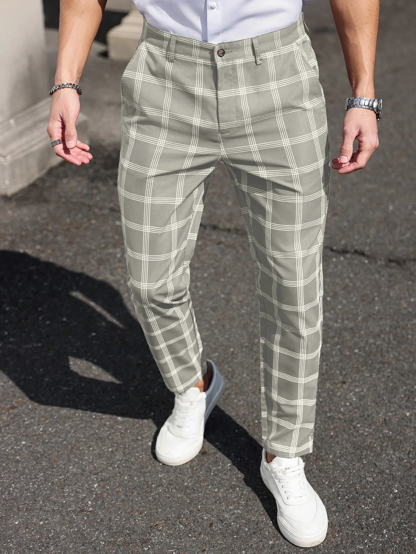 Plaid Tapered Cropped Dress Trousers