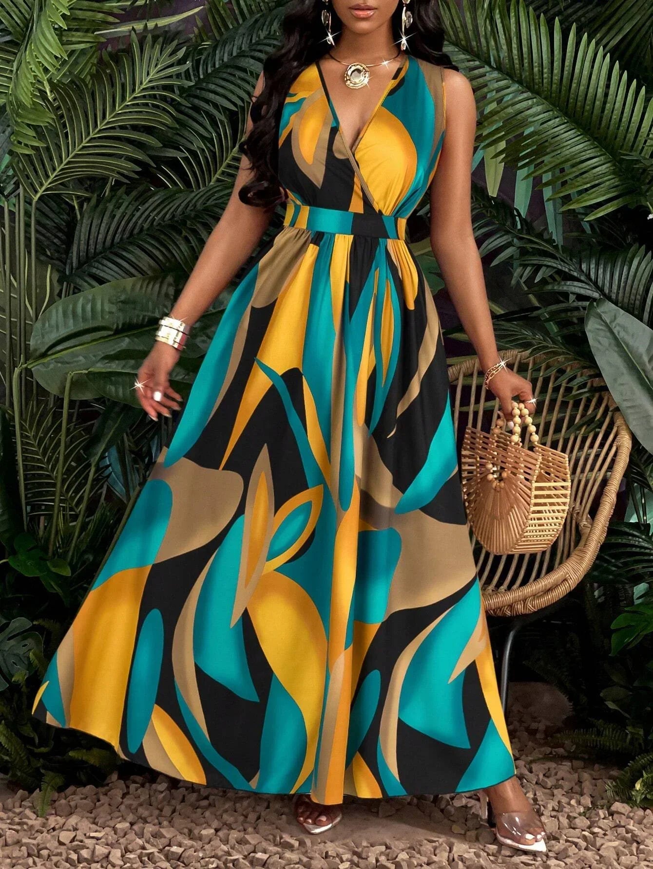 V-Neck Abstract Print Maxi Dress
