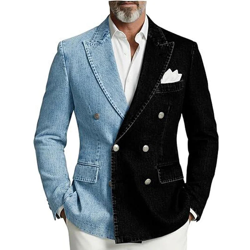Denim Double-Breasted Peak-Lapel Blazer