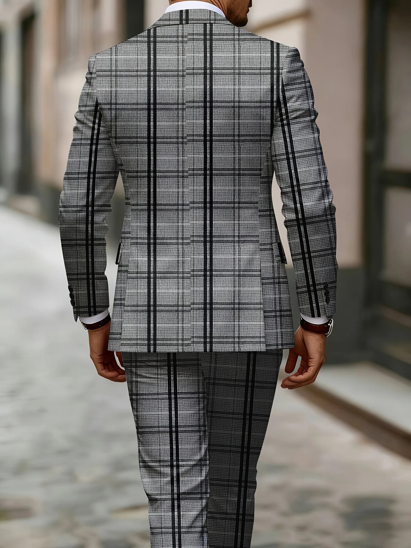 Grey Plaid Slim Business Suit Set