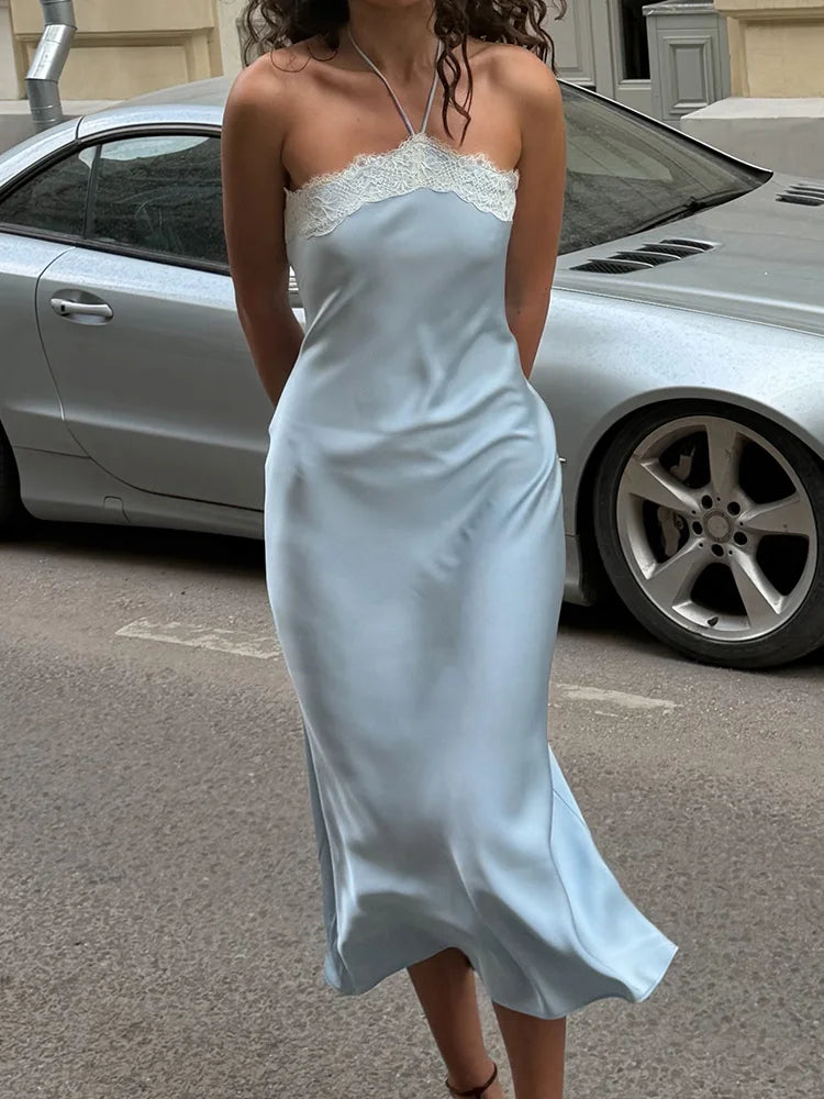 Lace Patchwork Halter Midi Dress