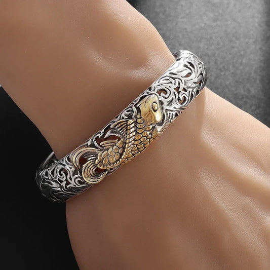 Retro Punk Koi Fish Engraved Bracelet