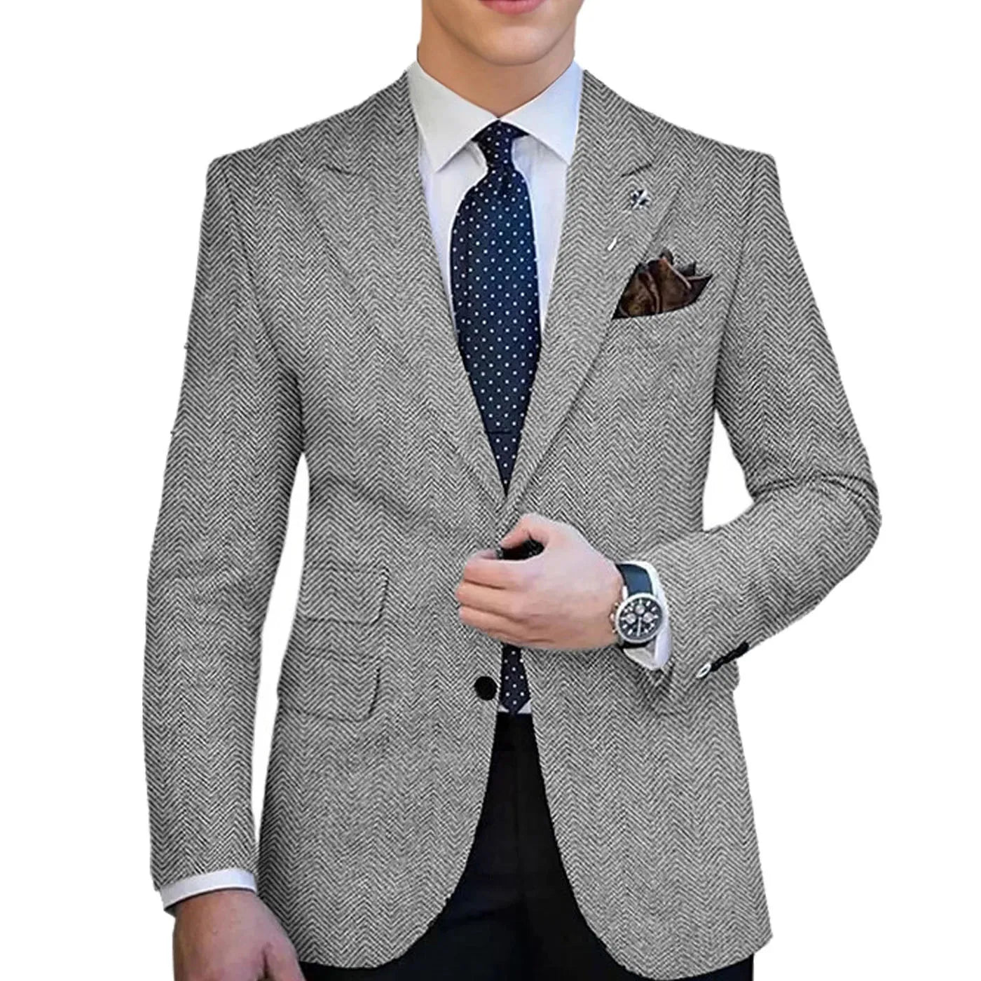 Herringbone Tweed Single-Breasted Blazer