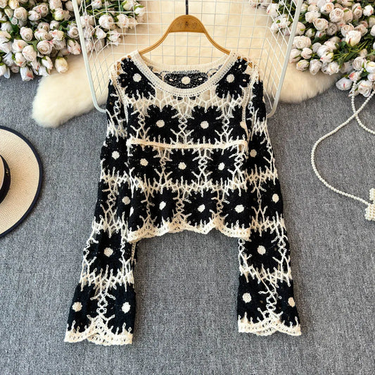 Daisy Crochet Knit Crop Sweater