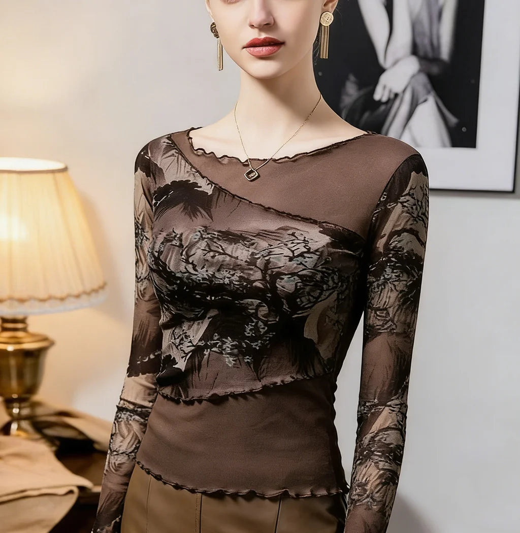 Landscape Print Long Sleeve Mesh Top