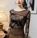 Landscape Print Long Sleeve Mesh Top