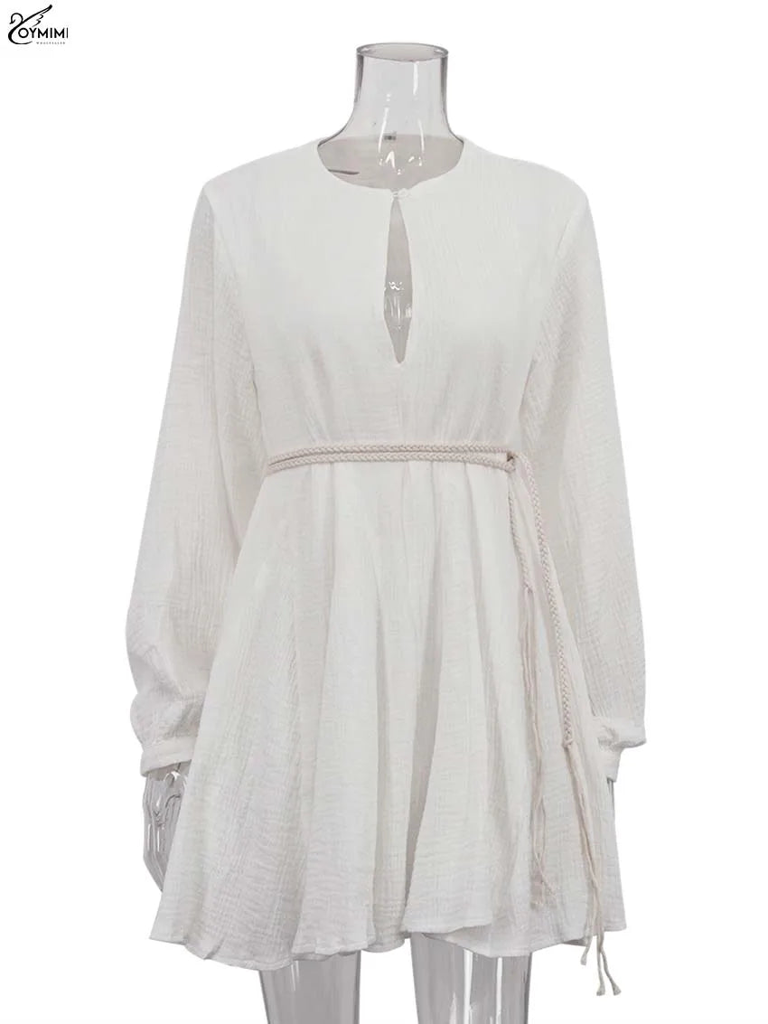Beige Cotton V-Neck Dress