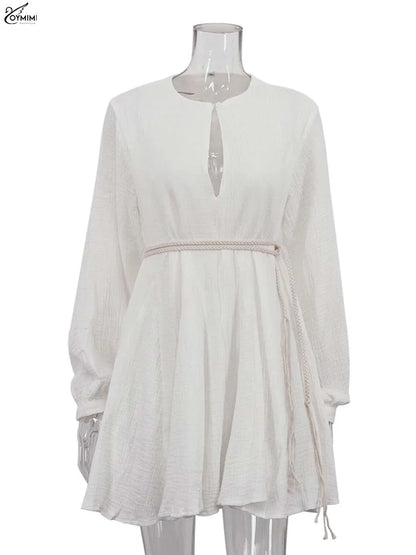 Beige Cotton V-Neck Dress
