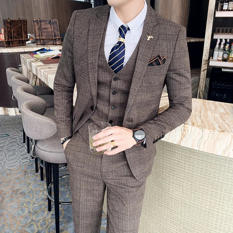 Lattice Plaid Three-Piece Formal Suit