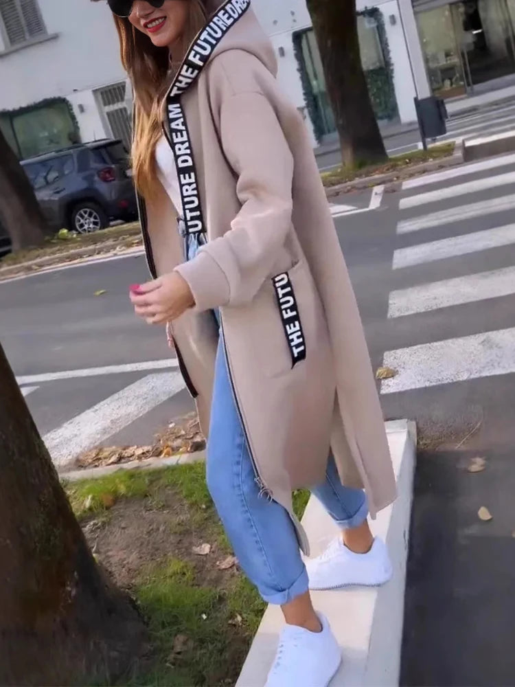 Women’s Elegant Loose Hooded Coat with Zipper