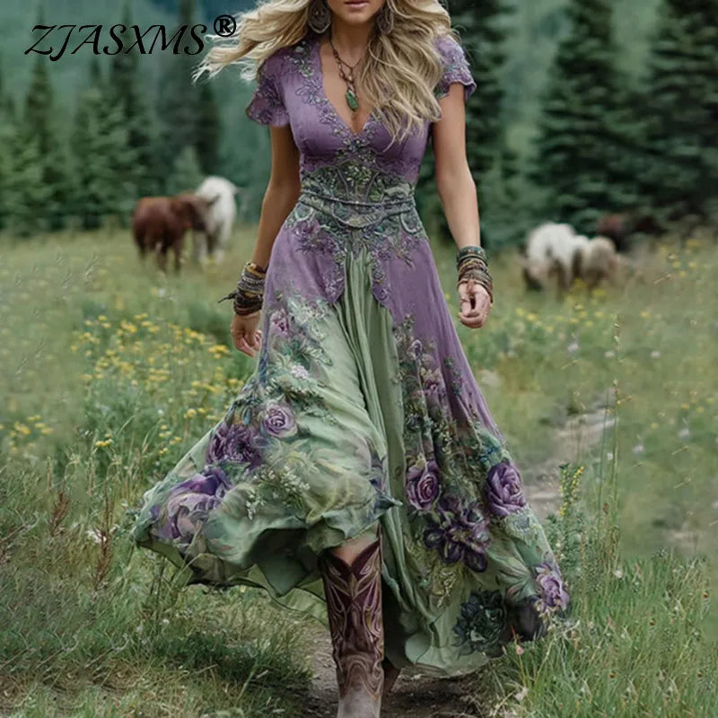 Ethnic Floral Patchwork V-Neck Maxi Dress