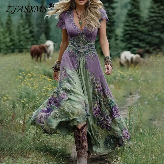 Ethnic Floral Patchwork V-Neck Maxi Dress