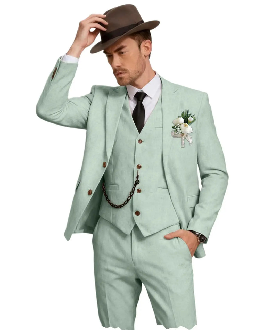 Three-Piece Linen Notch-Lapel Suit