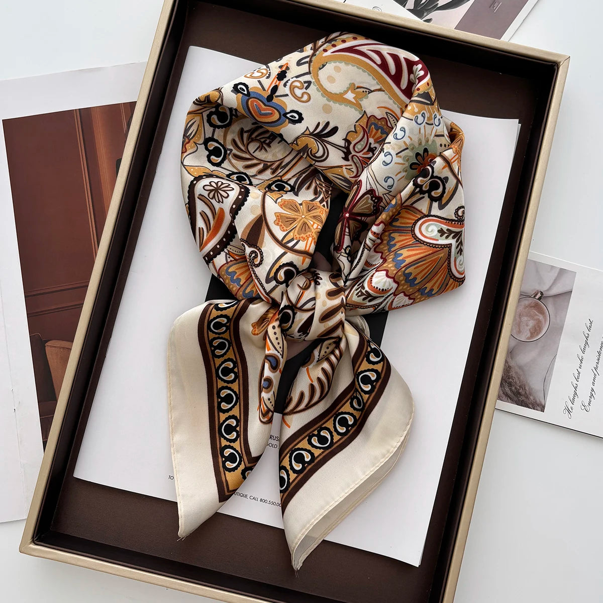 Lotus Print Satin Square Scarf