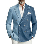 Denim Double-Breasted Peak-Lapel Blazer