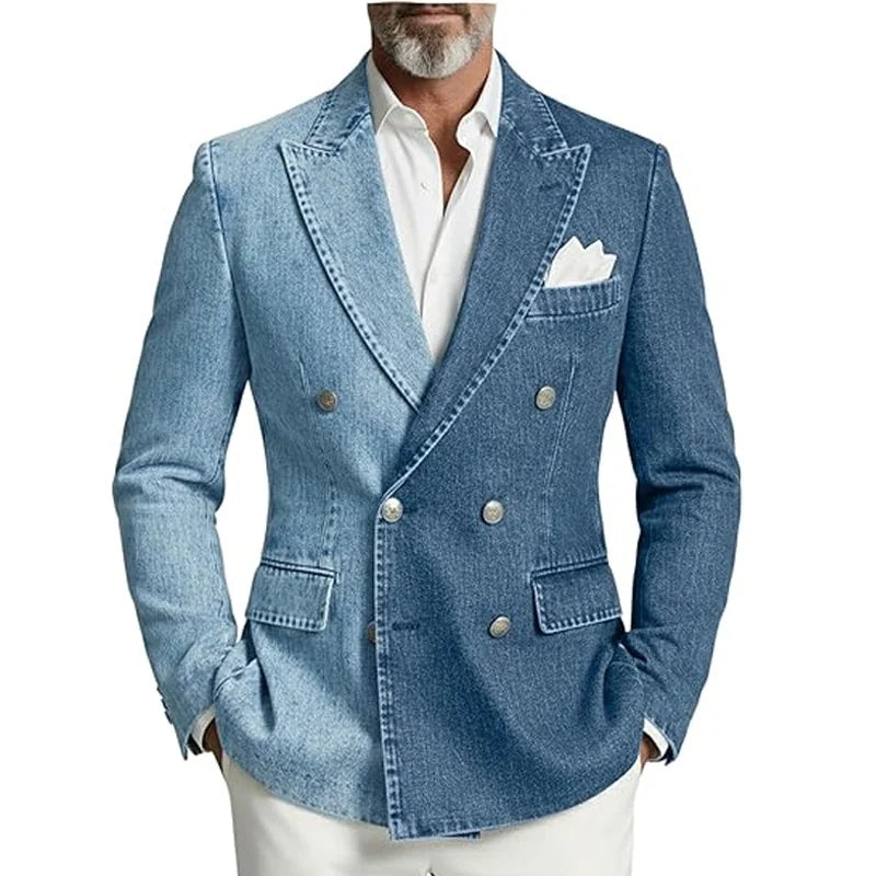 Denim Double-Breasted Peak-Lapel Blazer