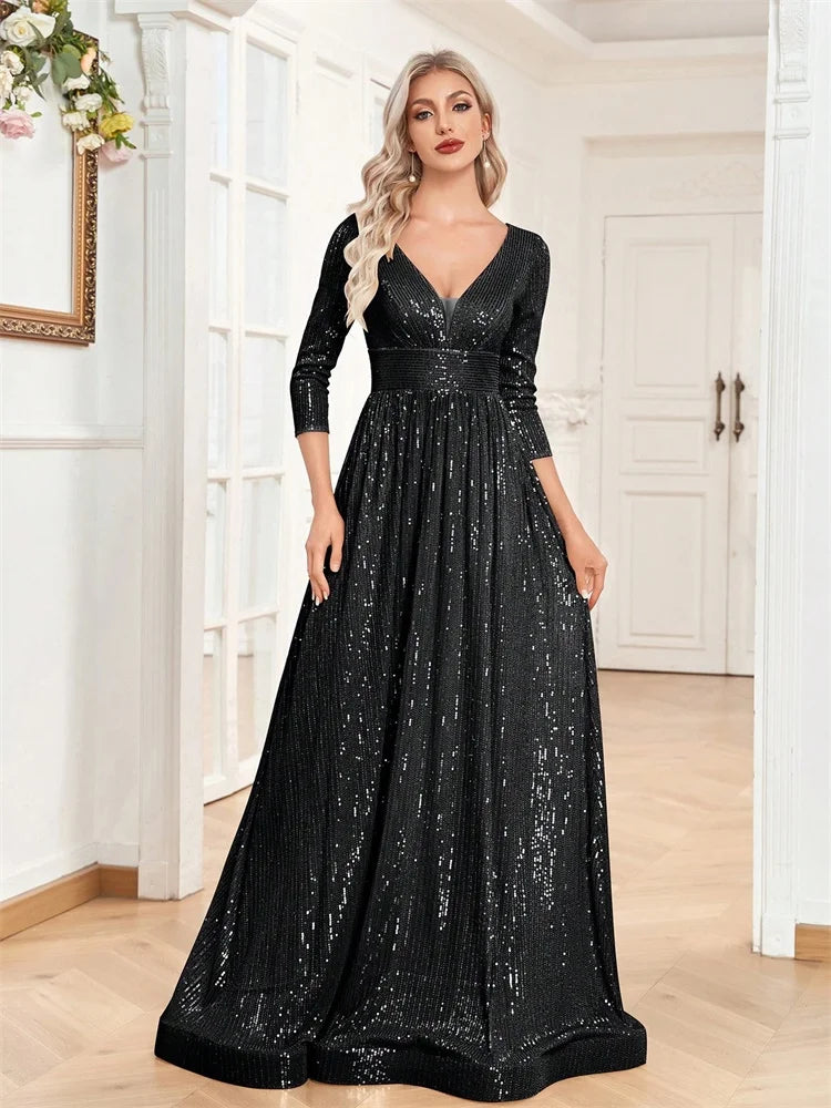 Long Sleeves Blue Sequins Formal Evening Dress
