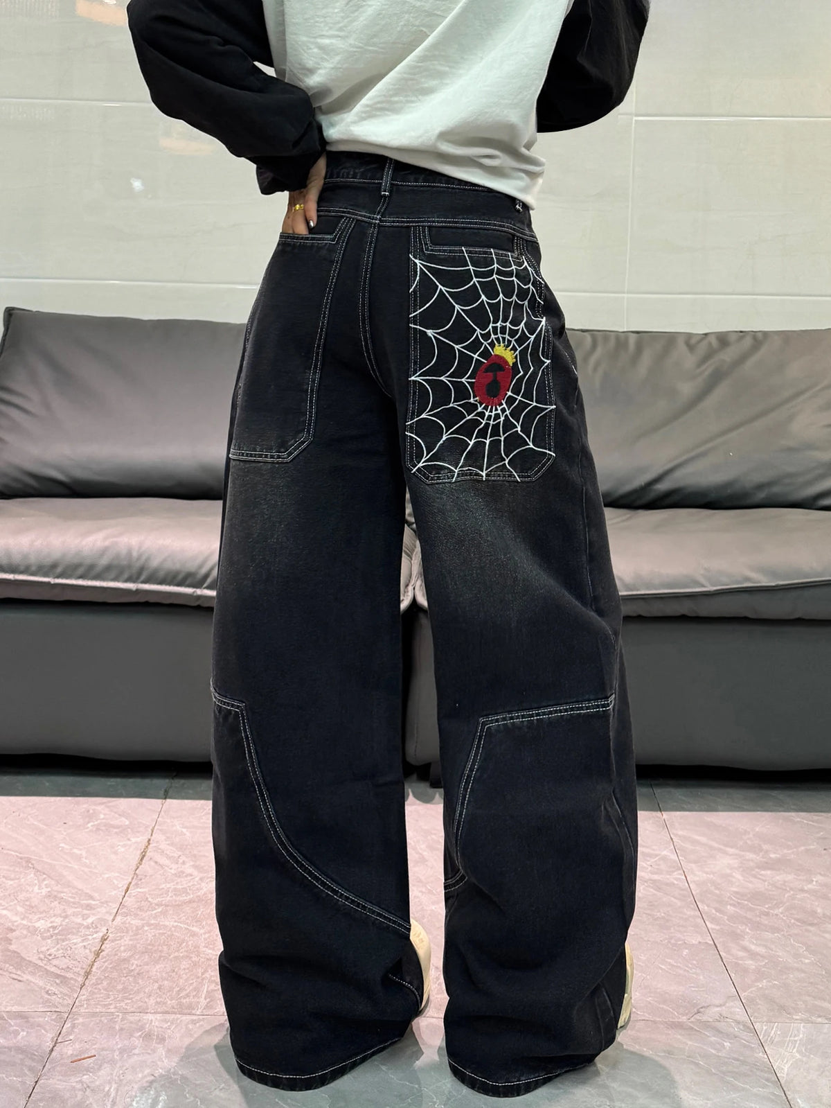 Spider-Web Embroidery Wide-Leg Jeans